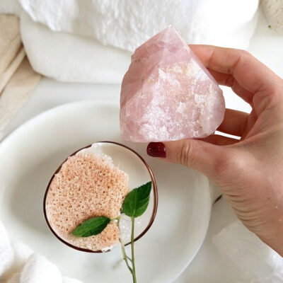 ponta de quartzo rosa surya cristais