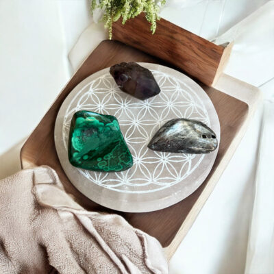 base de selenite flor da vida surya cristais